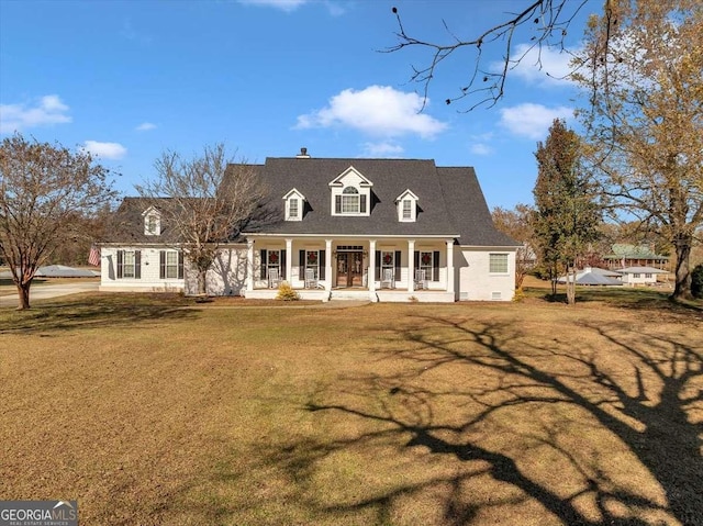 cape cod-style house featuring a front lawn and a porch