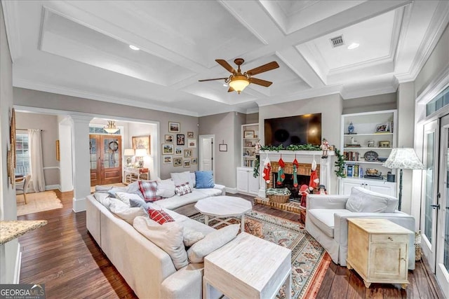 living room with french doors, ornamental molding, coffered ceiling, beam ceiling, and dark hardwood / wood-style floors