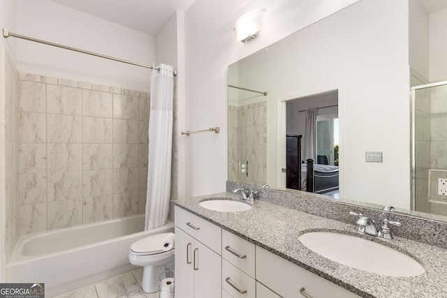 full bathroom with shower / bath combination with curtain, vanity, and toilet