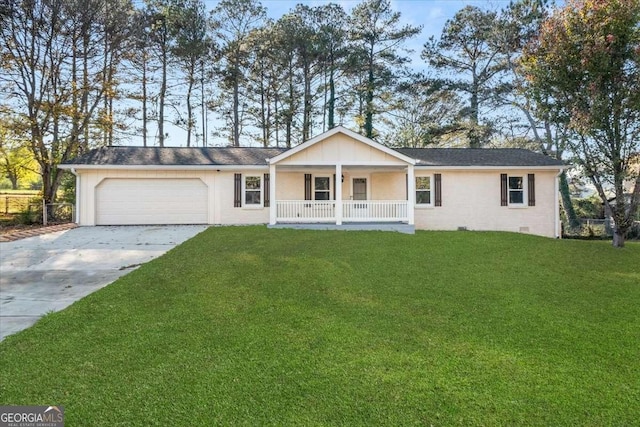 single story home with a porch, a garage, and a front lawn