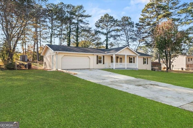 ranch-style house featuring a front lawn, a porch, and a garage