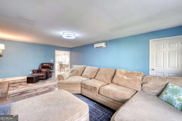 living room with carpet flooring and an AC wall unit