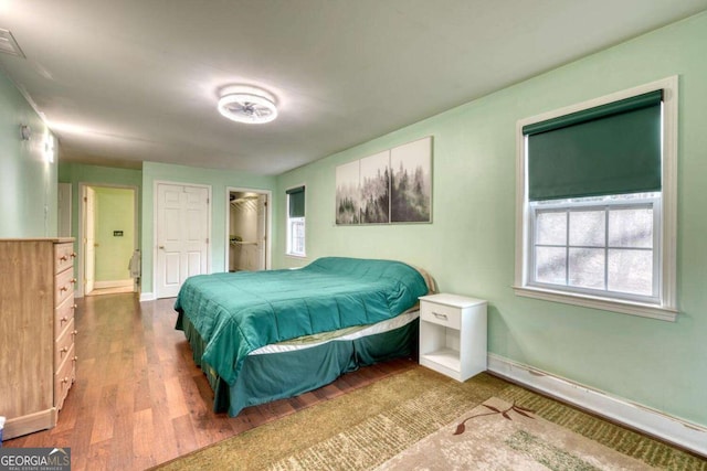 bedroom featuring a walk in closet, hardwood / wood-style flooring, and a closet