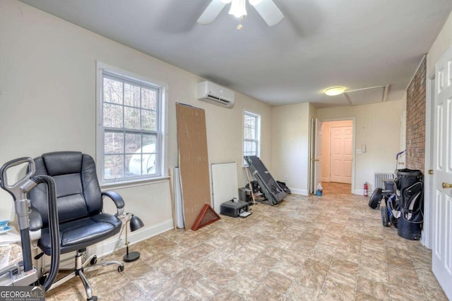 interior space featuring a wall unit AC, ceiling fan, and radiator heating unit