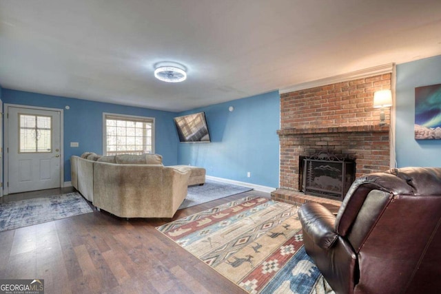 living room featuring a fireplace and wood-type flooring