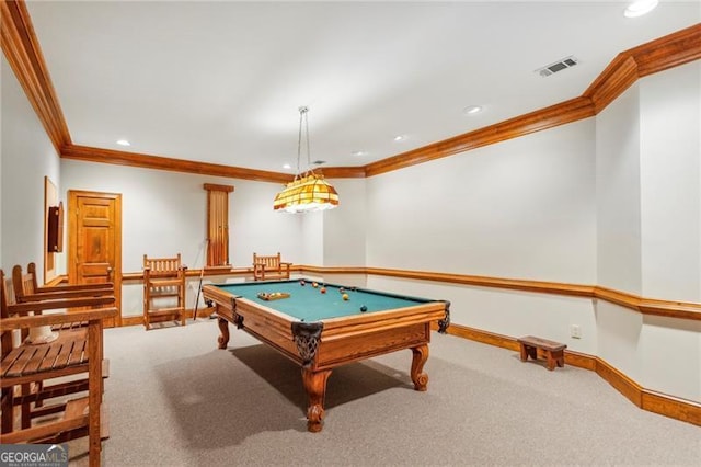 recreation room featuring carpet flooring, crown molding, and pool table