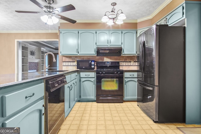 kitchen featuring backsplash, a textured ceiling, ventilation hood, sink, and black appliances