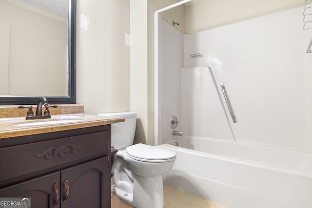 full bathroom with a textured ceiling, vanity, toilet, and shower / washtub combination