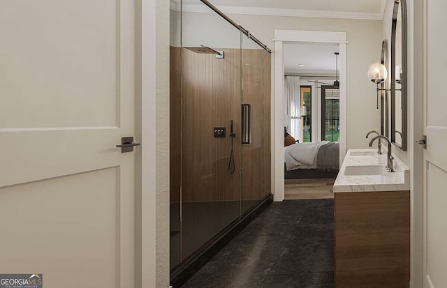 bathroom featuring hardwood / wood-style flooring, vanity, crown molding, and walk in shower