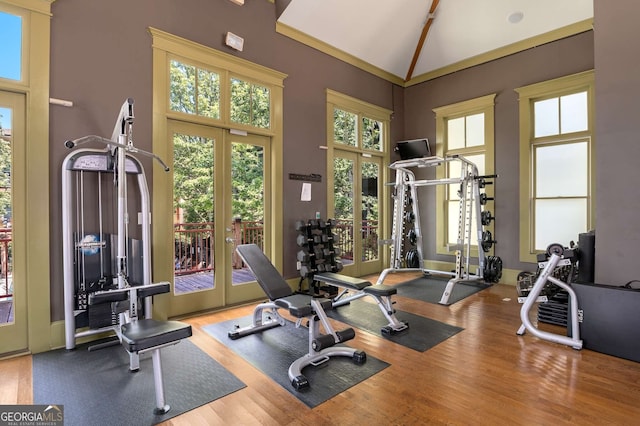 workout area featuring french doors, high vaulted ceiling, and hardwood / wood-style flooring