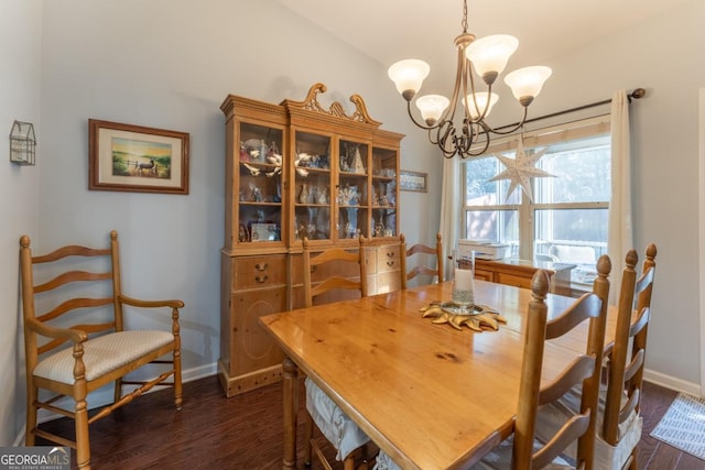 dining room with dark wood-type flooring and a notable chandelier