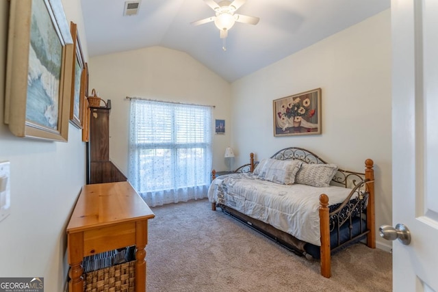 bedroom featuring carpet flooring, ceiling fan, and vaulted ceiling