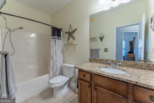 full bathroom with tile patterned flooring, vanity, toilet, and shower / bathtub combination with curtain