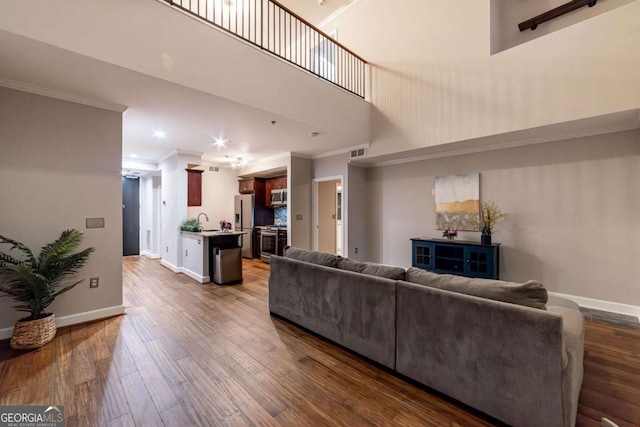 living room featuring crown molding, sink, dark wood-type flooring, and a high ceiling