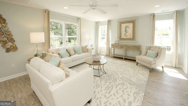 living room featuring ceiling fan and wood-type flooring