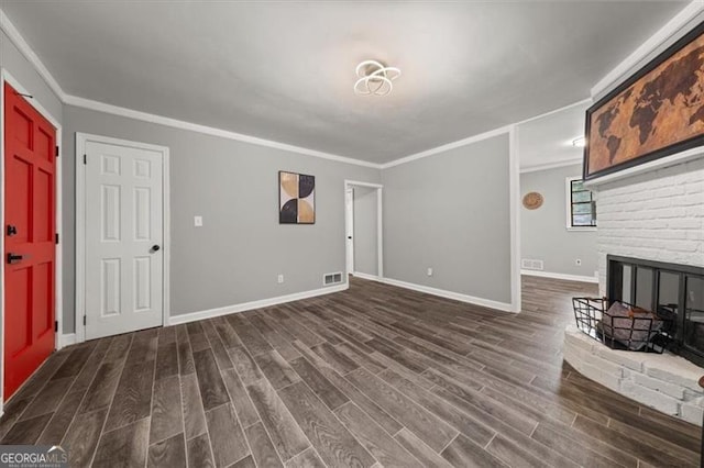 unfurnished living room with a fireplace, dark wood-type flooring, and ornamental molding