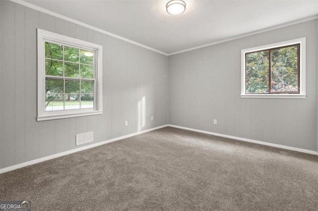 carpeted spare room featuring crown molding