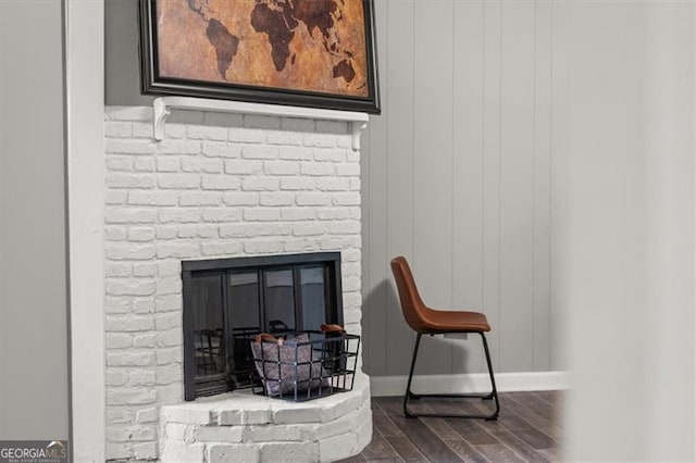 details featuring a fireplace and wood-type flooring