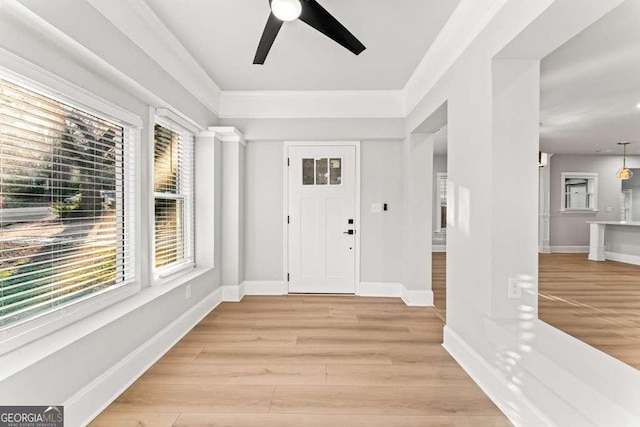 foyer entrance with light hardwood / wood-style floors, ceiling fan, and crown molding