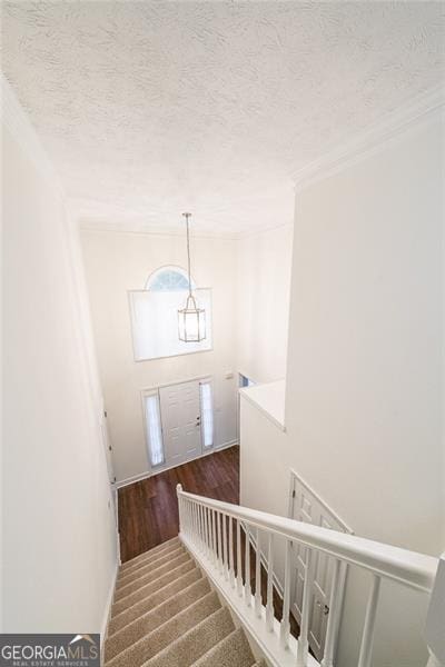 staircase with wood-type flooring, a textured ceiling, and ornamental molding