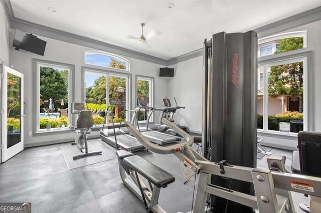 exercise room with crown molding