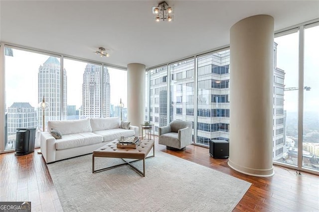 living room featuring floor to ceiling windows, wood-type flooring, and a wealth of natural light