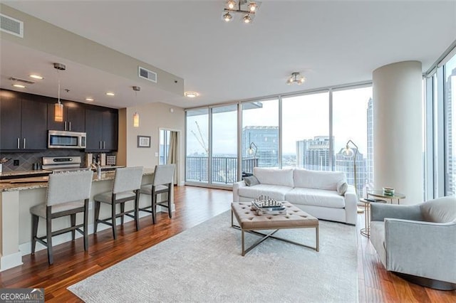 living room featuring dark hardwood / wood-style floors and floor to ceiling windows