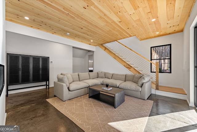 living room featuring wooden ceiling