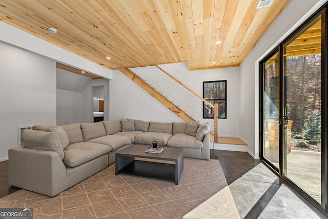 living room featuring wood ceiling