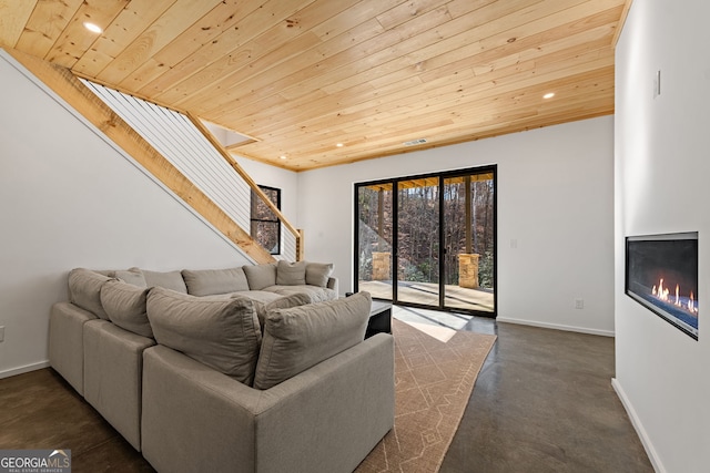 living room featuring wood ceiling