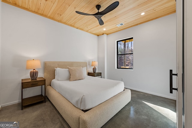 bedroom with ceiling fan and wood ceiling