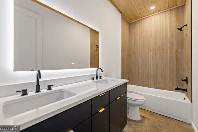 full bathroom with vanity, toilet, shower / bathtub combination, and wood ceiling