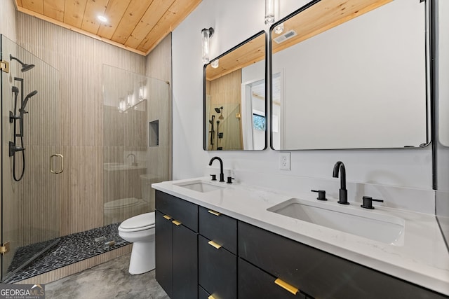 bathroom with vanity, wooden ceiling, a shower with shower door, and toilet