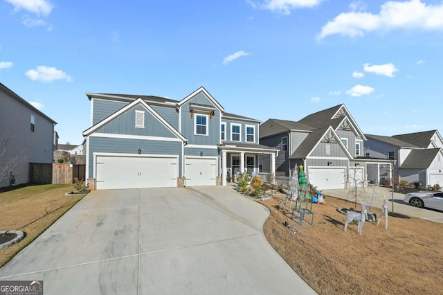 view of front of property featuring covered porch, a garage, and a front yard