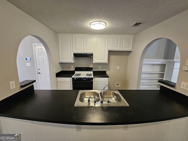 kitchen with dark countertops, visible vents, under cabinet range hood, range with gas stovetop, and a sink