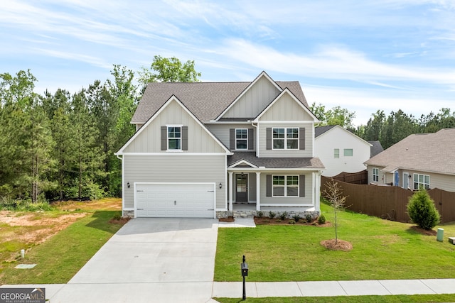 553 Lago Ct, Lagrange, GA 30241 - craftsman-style home with fence, a shingled roof, board and batten siding, concrete driveway, and an attached garage