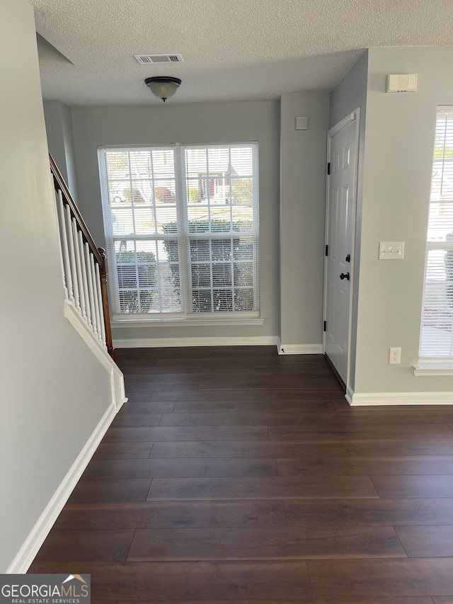 foyer entrance with plenty of natural light, dark wood-type flooring, and a textured ceiling