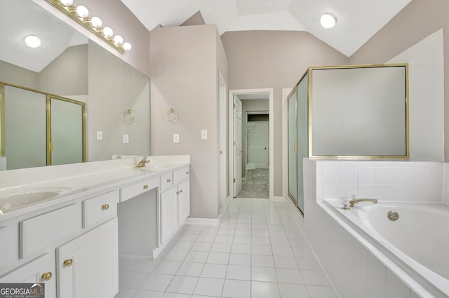 full bath with tile patterned flooring, a shower stall, double vanity, a bath, and a sink