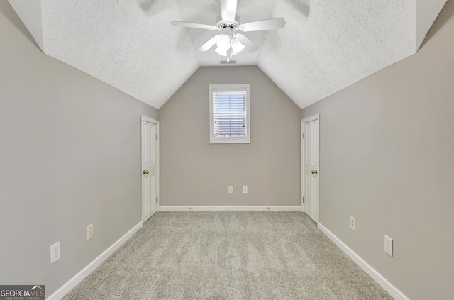 additional living space featuring a textured ceiling, carpet, lofted ceiling, and baseboards