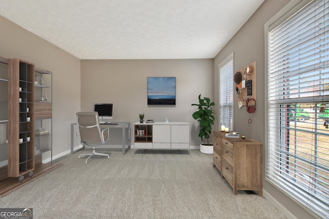 home office with baseboards, a textured ceiling, and carpet flooring