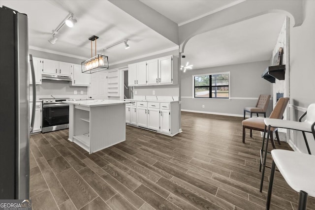 kitchen with dark wood-type flooring, decorative light fixtures, a kitchen island, white cabinetry, and stainless steel appliances