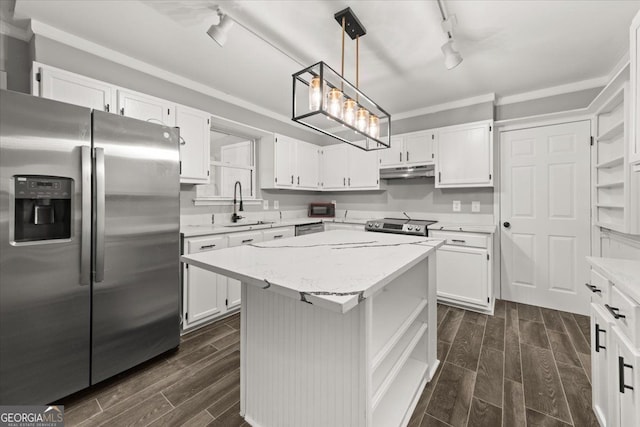 kitchen featuring white cabinetry, dark wood-type flooring, hanging light fixtures, a kitchen island, and appliances with stainless steel finishes