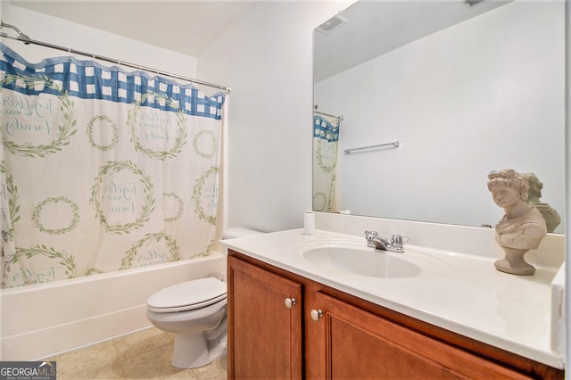 bathroom with toilet, tile patterned flooring, shower / tub combo with curtain, and vanity