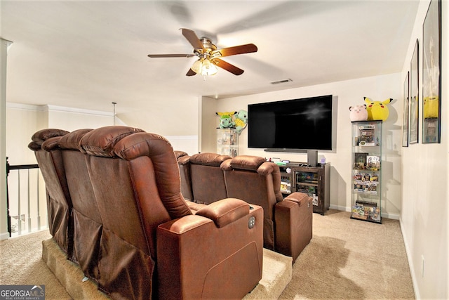 living room featuring light carpet, baseboards, visible vents, and a ceiling fan