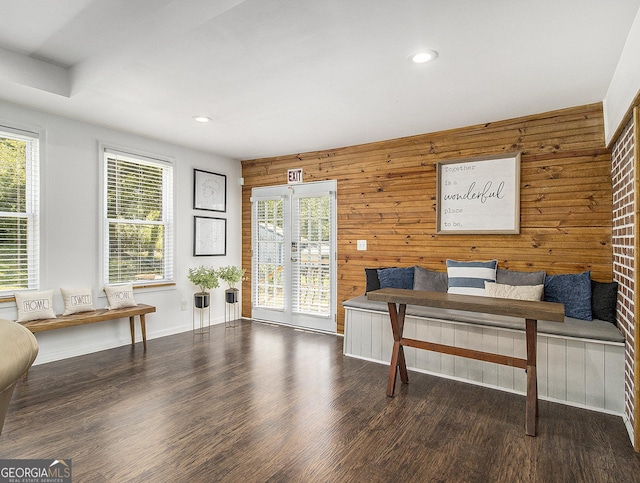 office featuring wood walls, dark hardwood / wood-style flooring, and a healthy amount of sunlight