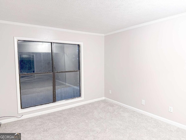 carpeted empty room featuring crown molding and a textured ceiling