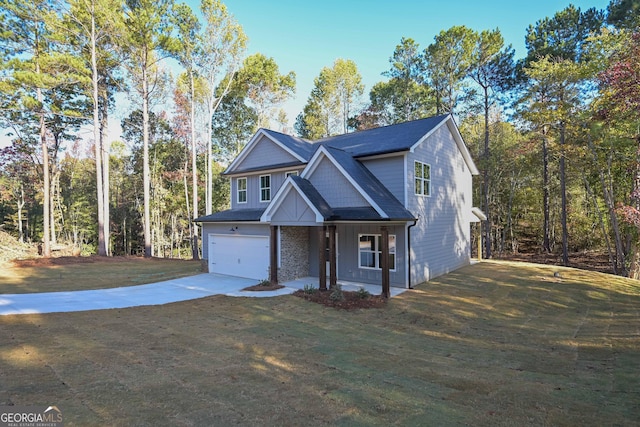 view of front of house with concrete driveway, covered porch, an attached garage, and a front lawn