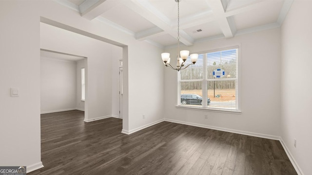 unfurnished dining area featuring coffered ceiling, crown molding, dark hardwood / wood-style floors, beamed ceiling, and a notable chandelier