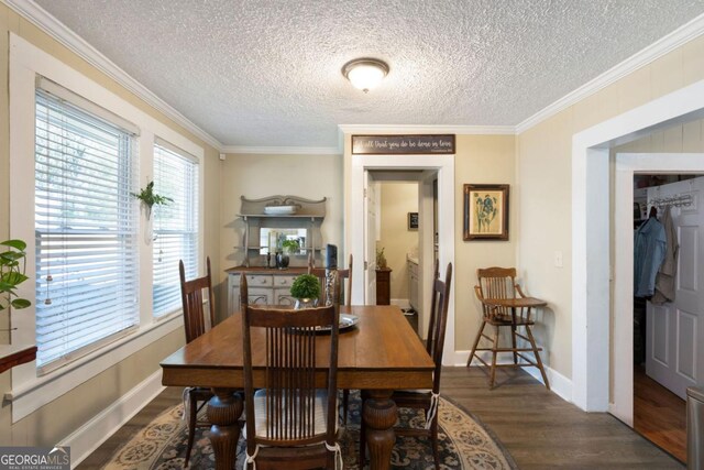 dining room featuring a textured ceiling, ornamental molding, and dark wood-type flooring