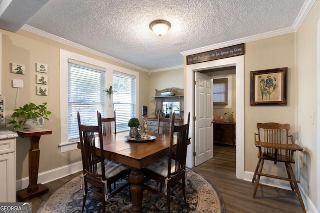 dining space featuring a textured ceiling, dark hardwood / wood-style floors, and crown molding